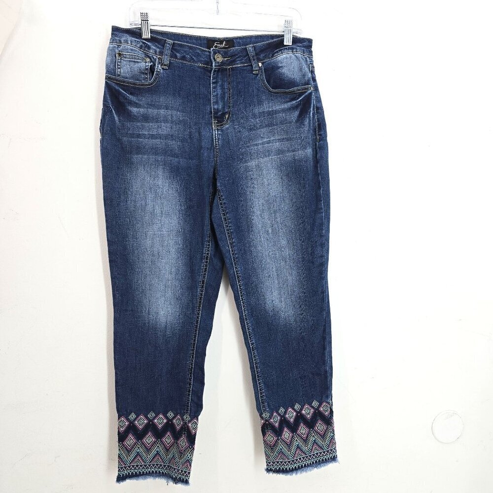 Earl Jeans Indigo Blue Pink Aztec Embroidered Raw Hem Ankle Denim Jeans Women 12